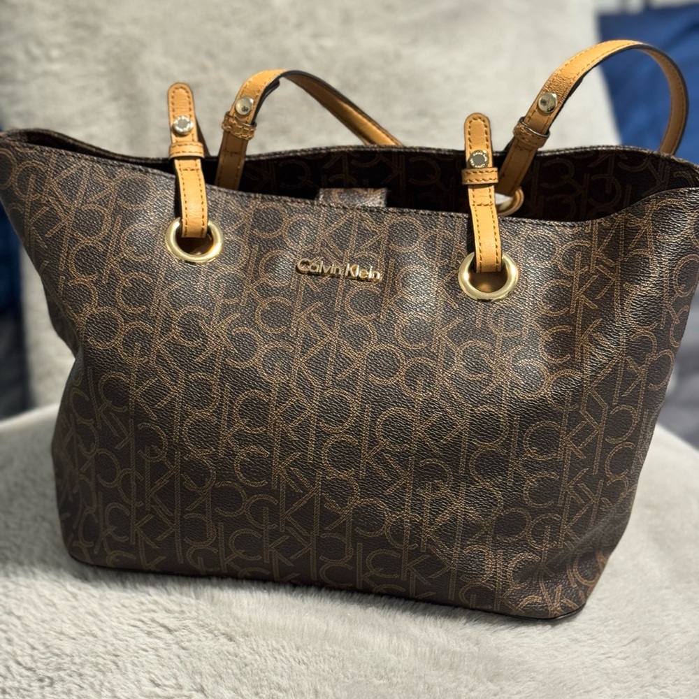 Calvin Klein Dark Brown Logo Tote with Tan Handles